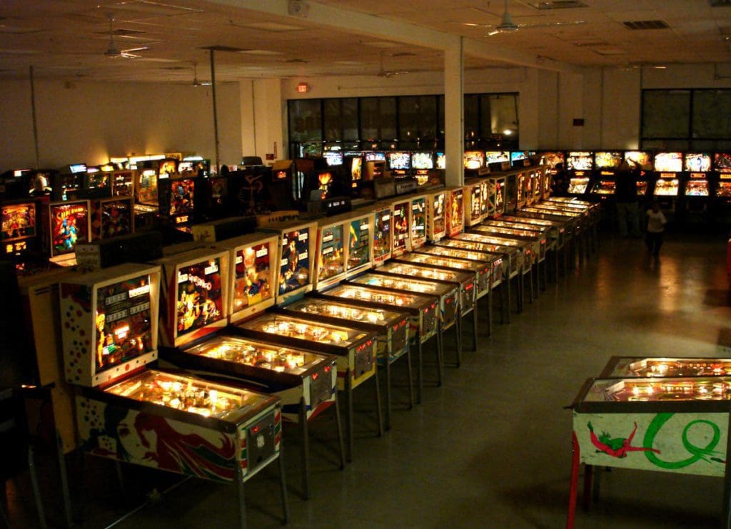 An aerial view of the rows of pinball machines at the Pinball Hall of Fame.