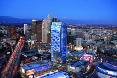 An aerial view of The Ritz-Carlton, Los Angeles and the surrounding LA skyline.
