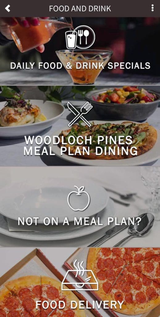 A view of the different selection of options on the Woodloch Resort app, including options for meal planning.