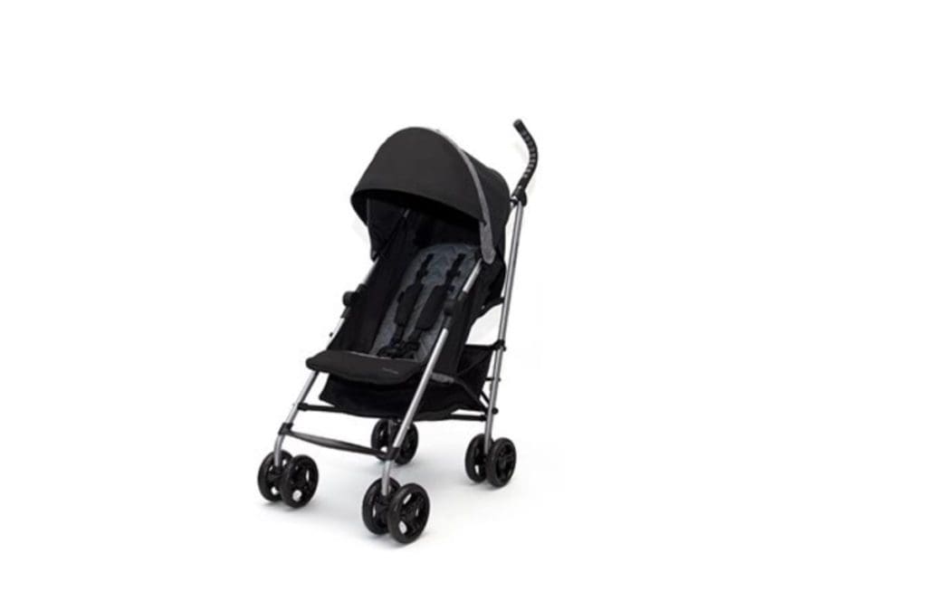 A product shot of a black Summer Infant 3Dlite Convenience Stroller facing forward.