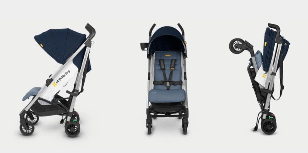 Three product shots of the UPPAbaby G-Luxe Stroller, facing to the side, facing forward, and folded up.