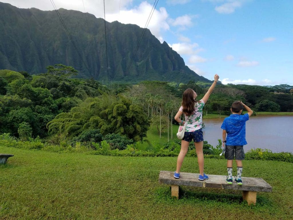 Two kids stand on a bench looking at the water while exploring Hoomaluhia Botanical Gardens, one of the best things to do in Oahu with kids.