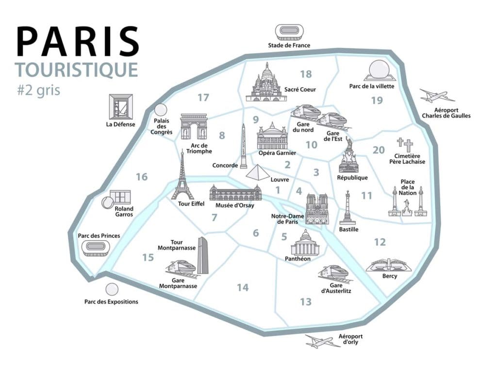 A map of the arrondissements of Paris, highlighting key things to do in each one.