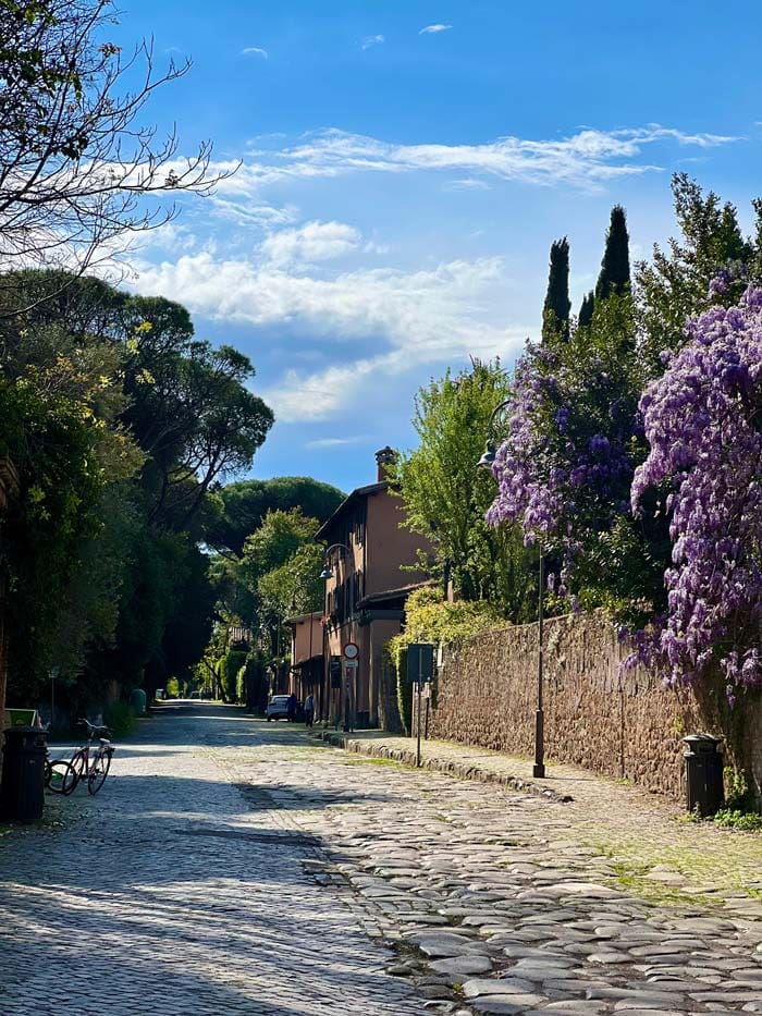 A stretch of road along the Appian Way, with purple wisteria hanging over a stone wall.