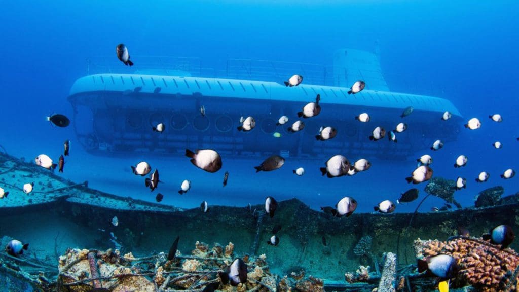 Atlantis Submarines Waikiki underwater and surrounded by fish.