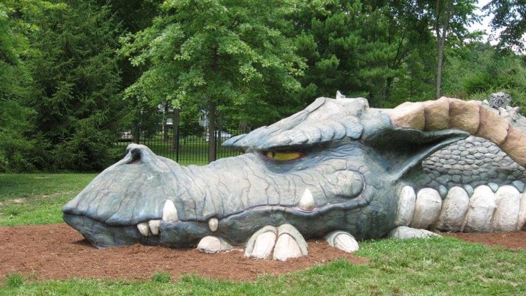 A large dragon head as part of the grounds of Boo Castle Park.