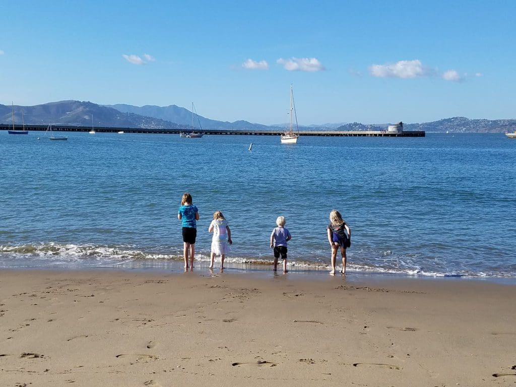 Four kids stand along the water's edge at Fisherman's Wharf.