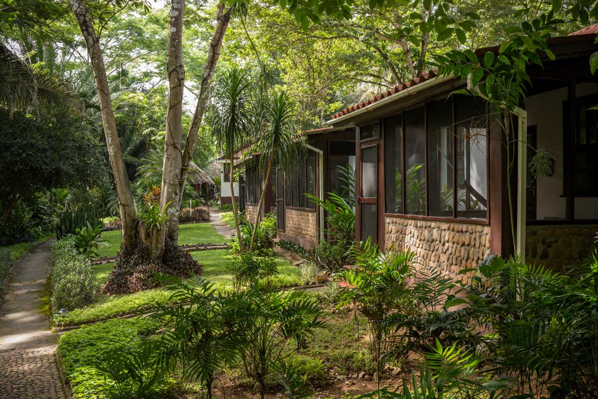 The cabins lined up along a manicured lawn at Sweet Songs Jungle Lodge, a Muy’Ono Resort