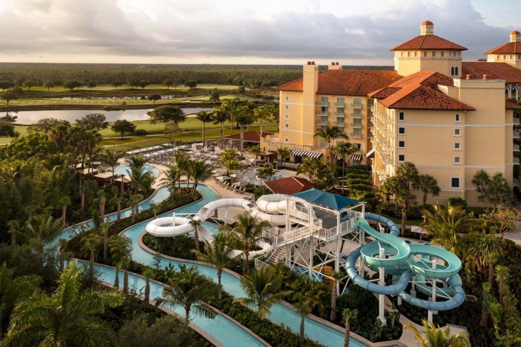 An aerial view of the waterpark and grounds of The Ritz-Carlton Naples, Tiburón.