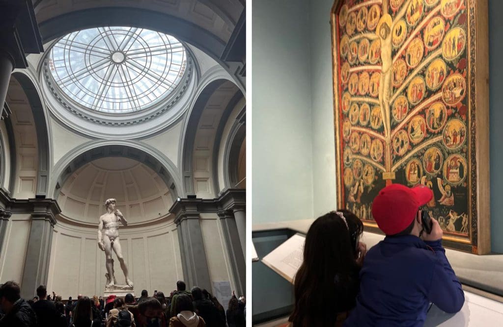 Left Image: A view of the statue of David through the crowd at Accademia Gallery. Right Image: Two kids look up at a piece of art within the Accademia Gallery.