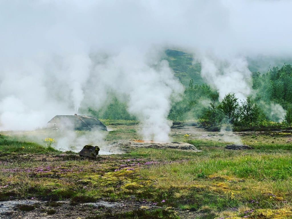 A geothermal area with geysers in Iceland.