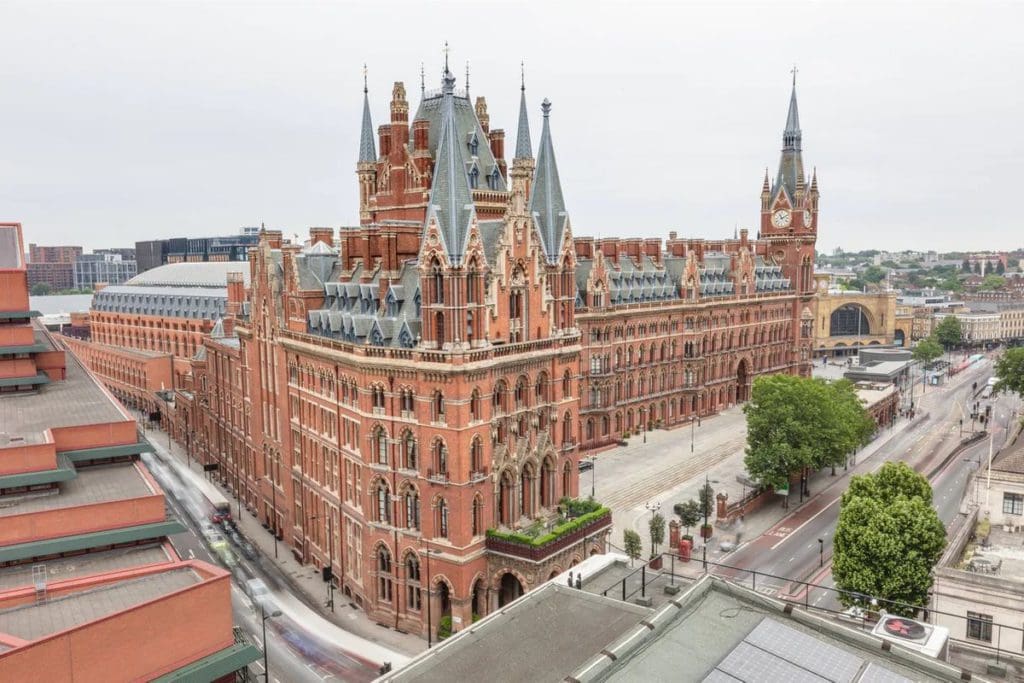 An aerial view of the stately St. Pancras Renaissance Hotel.