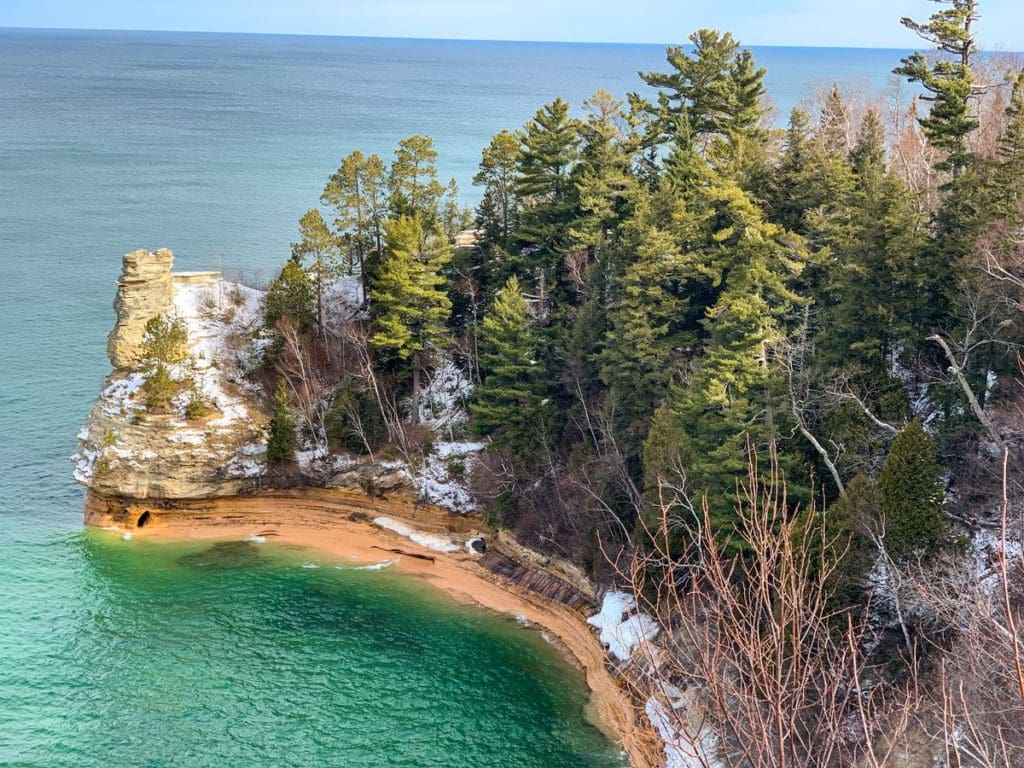 A view of the iconic Miners Castle rock formation in Michigan on the shores of Lake Superior, one of the best Upper Peninsula Michigan hikes for families.