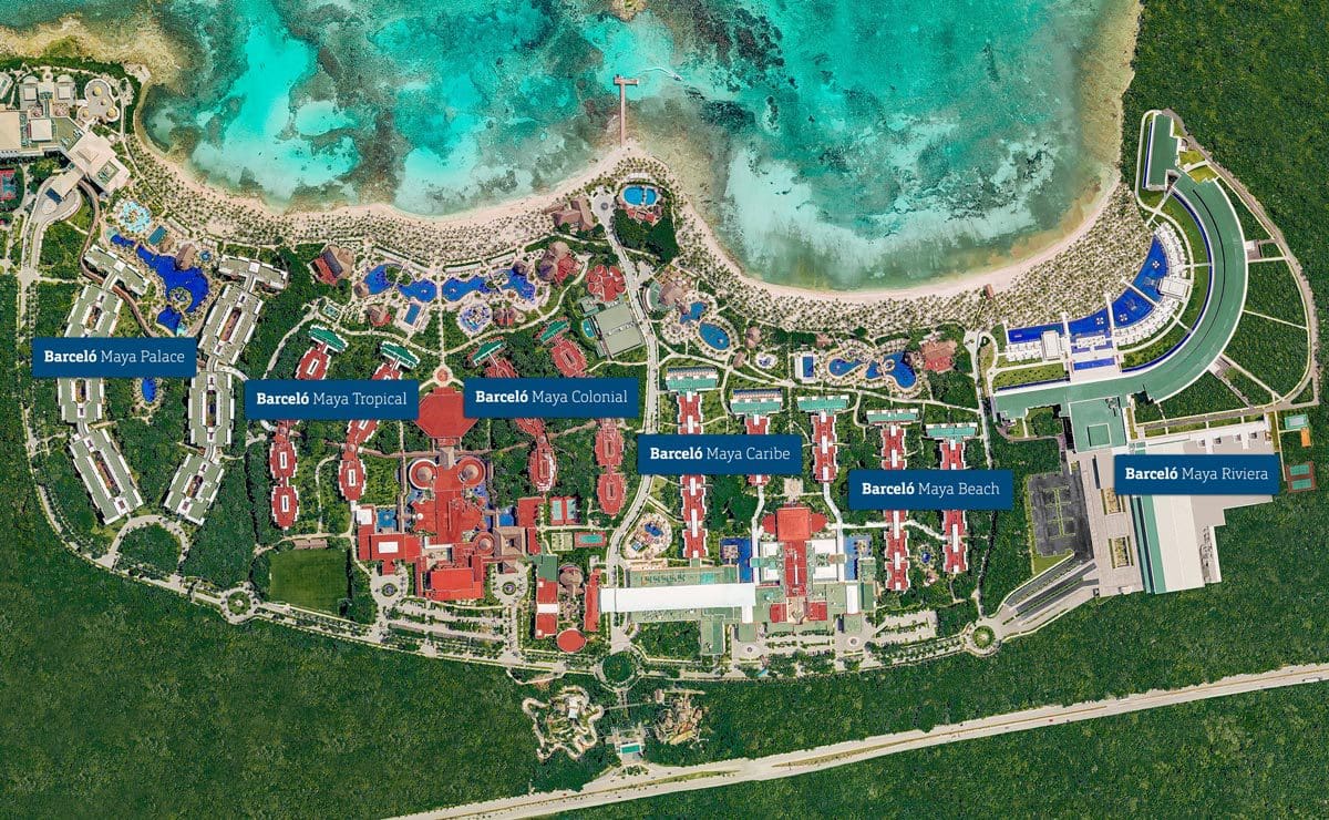 An aerial view of the sprawling Barceló Maya Palace grounds, along the ocea.