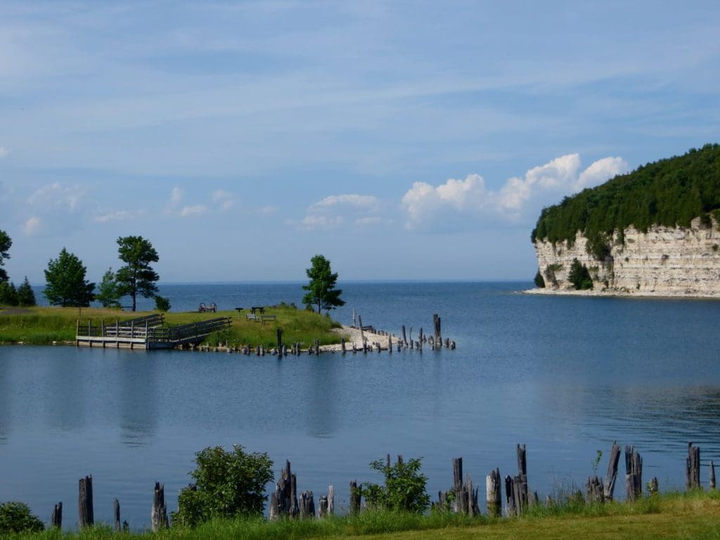 A beautiful bay, with limestone cliffs in Fayette Historic State Park.