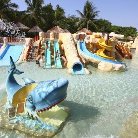 An aerial view of the small water park at Sandos Caracol Eco Resort, featuring a shark-shaped slide.