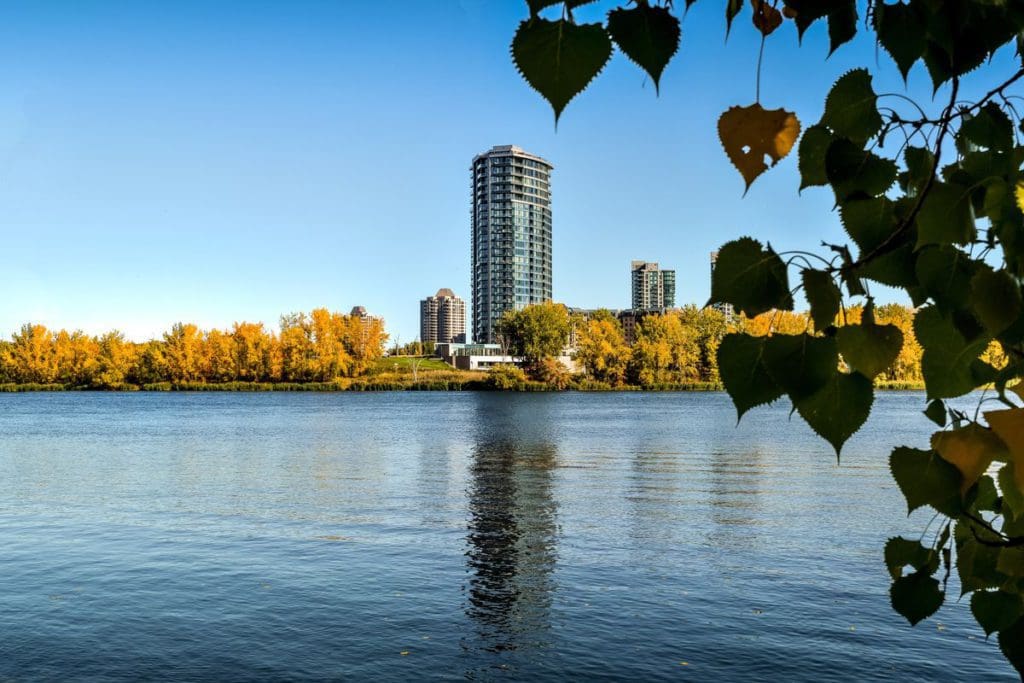 A view of the Montreal skyline from across a lake on a fall day.