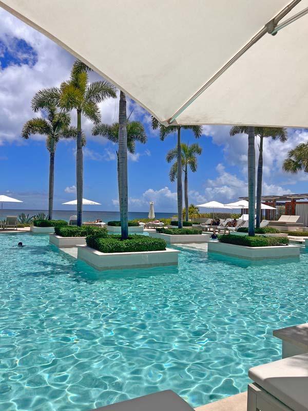 The largest pool at Four Seasons Resort and Residences Anguilla on a sunny day, featuring palm trees flanking the pool.