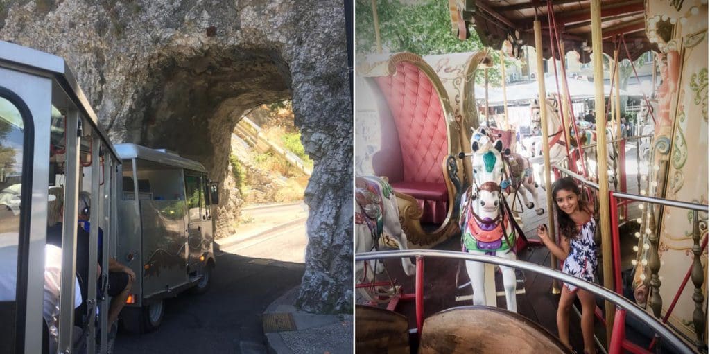 Left Image: A tourist train makes it way through beautiful Avignon. Right Image: A young girl rides a carousel in Avignon, one of the best towns in the South of France with kids.