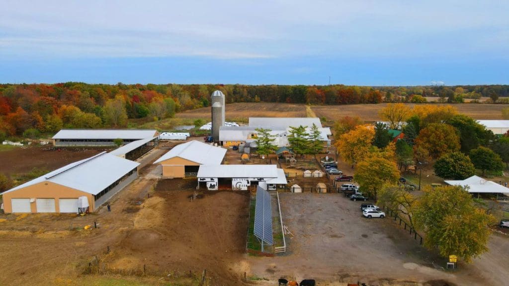 An aerial view of Calder Dairy and Farm during the fall.