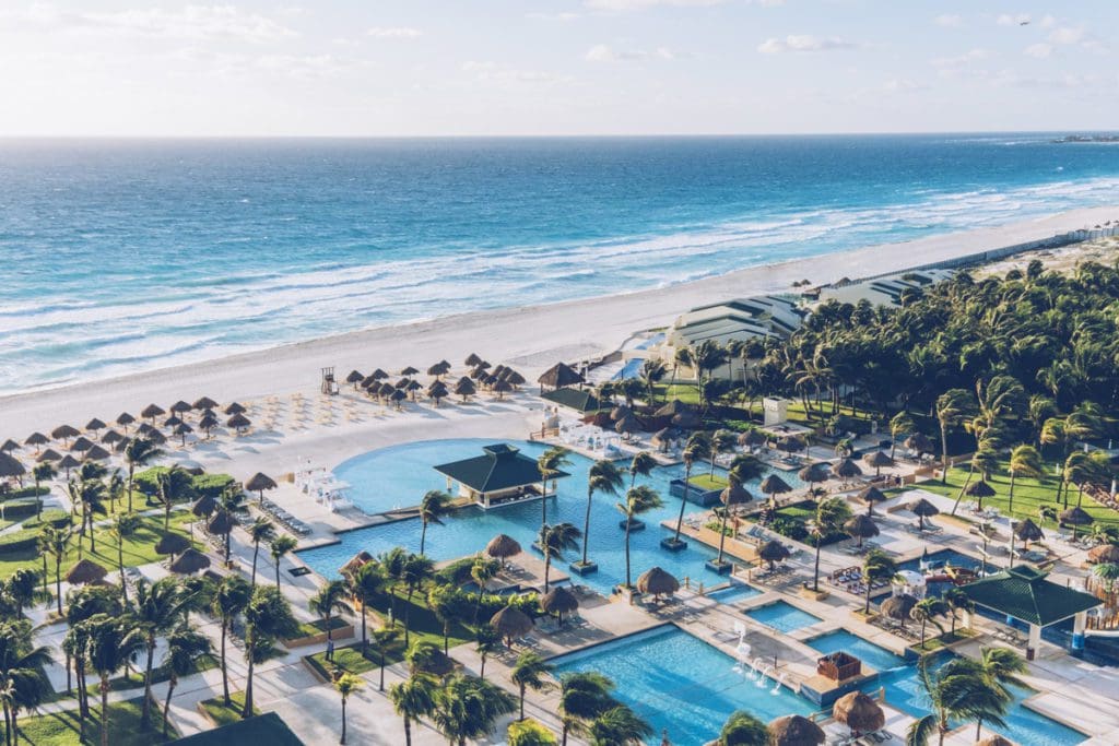 An aerial view of the ocean-side property of Iberostar Selection Cancun.