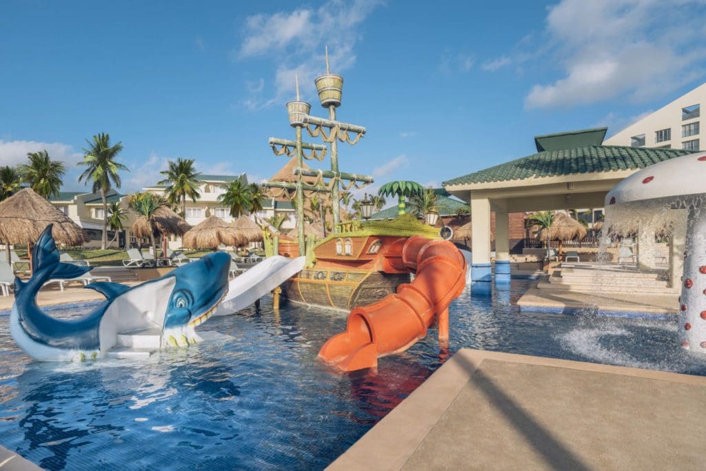 The small, kid water park on-site at Iberostar Selection Cancun, featuring a pirate theme.