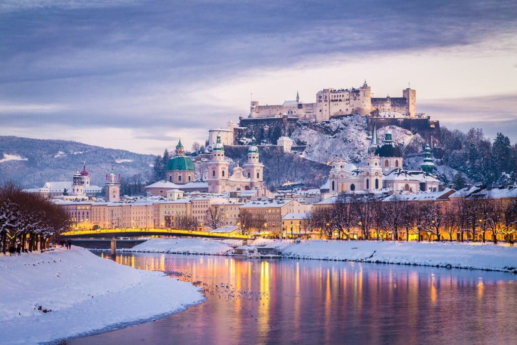 A view of a wintery landscape in Salzburg, one of the best destinations in Austria with kids.