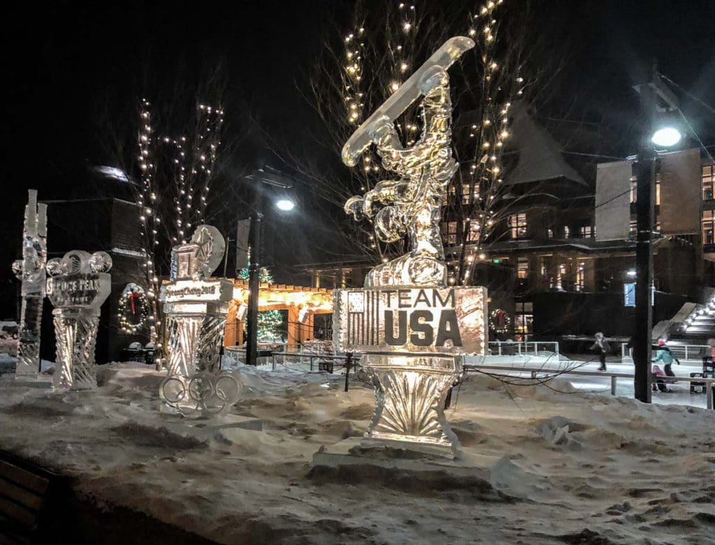 Several ice sculptures sit in the town center during the Stowe Winter Carnival.