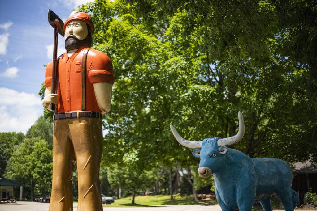 Paul Bunyan and Babe the Blue Ox stand proudly outside the Wisconsin Logging Museum in Eau Claire.