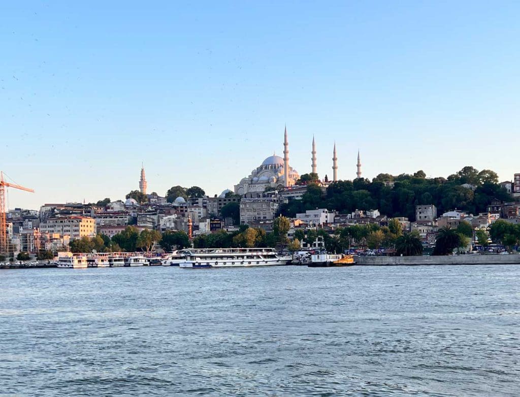 The skyline of Istanbul from a boat sailing in the Bosphorus.