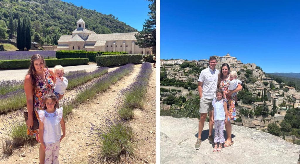 Left Image: A mom and her young kids stand in a lavender field near Gordes. Right Image: A family stands together with a view of the ocean near Gordes in the didstance.