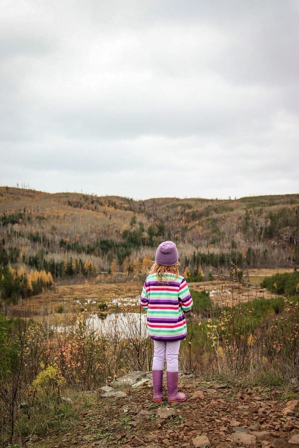 A young girl looks out onto a stunning view of northern Minnesota during the late fall.