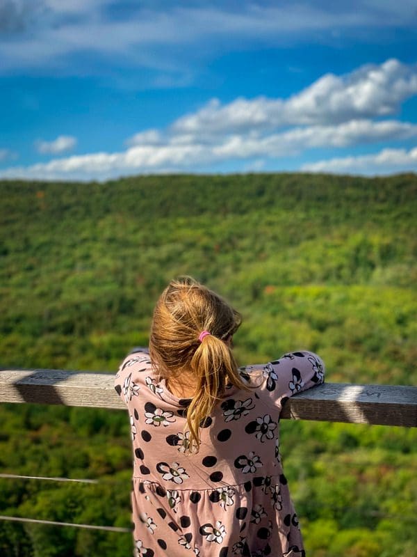 A young girl holds onto a railing, while looking out onto a sweeping view of the forest below, while exploring Lutsen Mountain.
