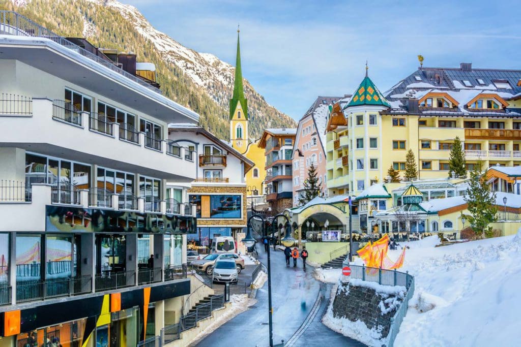 A charming Austrian town covered in snow.