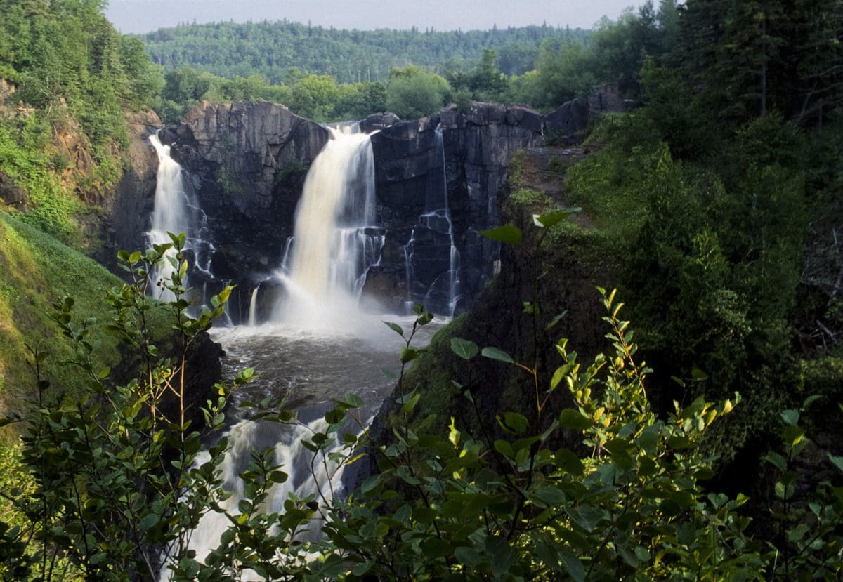 A view of High Falls along the Pigeon River in Grand Portage State Park, the highest waterfall in Minnesota.