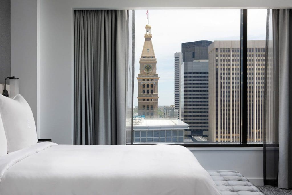 Inside a room with a view of downtown Denver at Four Seasons Hotel Denver.