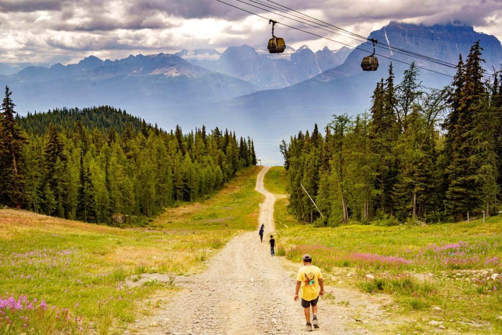 Several people walk along a dirt path with a gondola overhead while exploring the area near Lake Louise.
