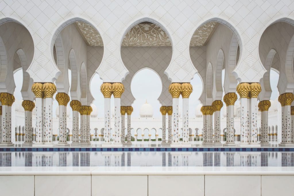 The decorative columns inside the Sheikh Zayed Grand Mosque in Abu Dhabi. 