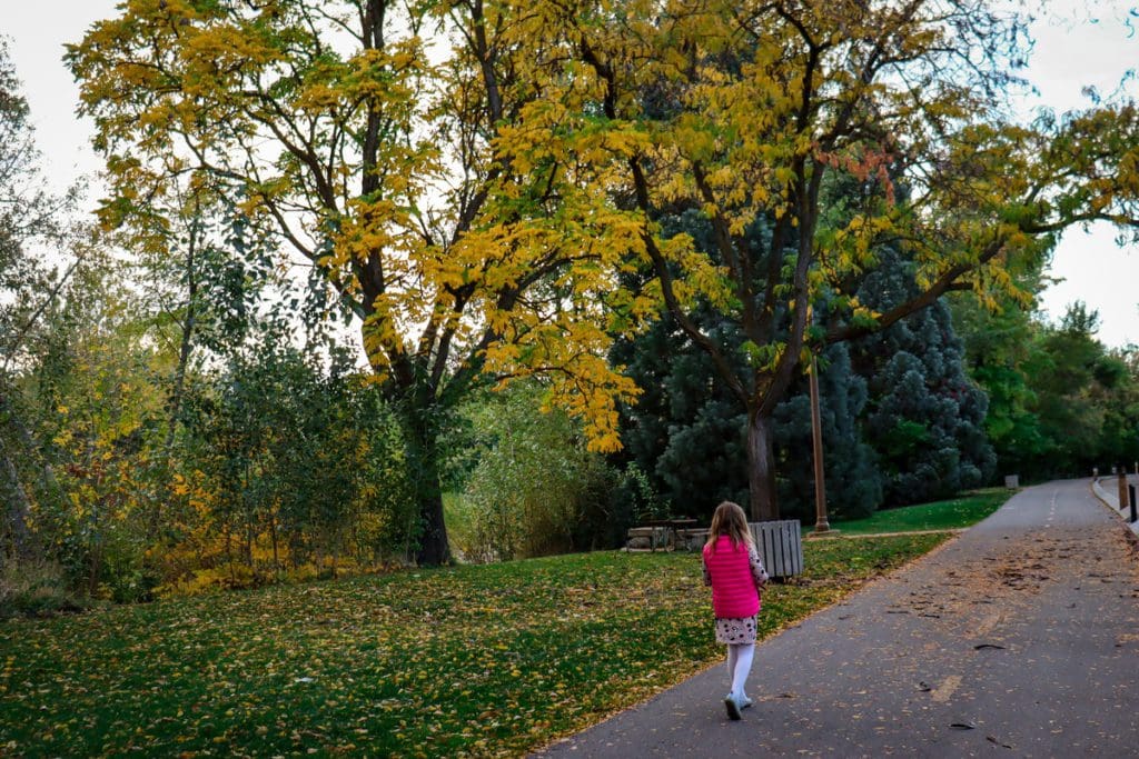 A young girl meanders a paved path along the river, part of the Boise River Greenbelt, with fall foliage all around her.