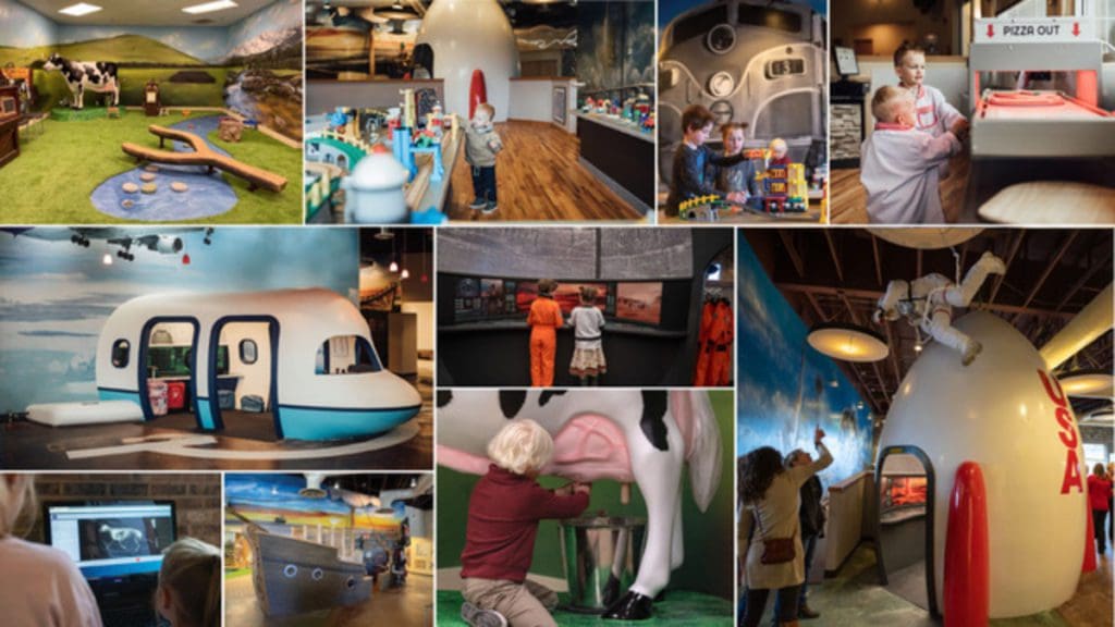 A collage of images depict the hands-on exhibits at Children's Museum of Idaho.