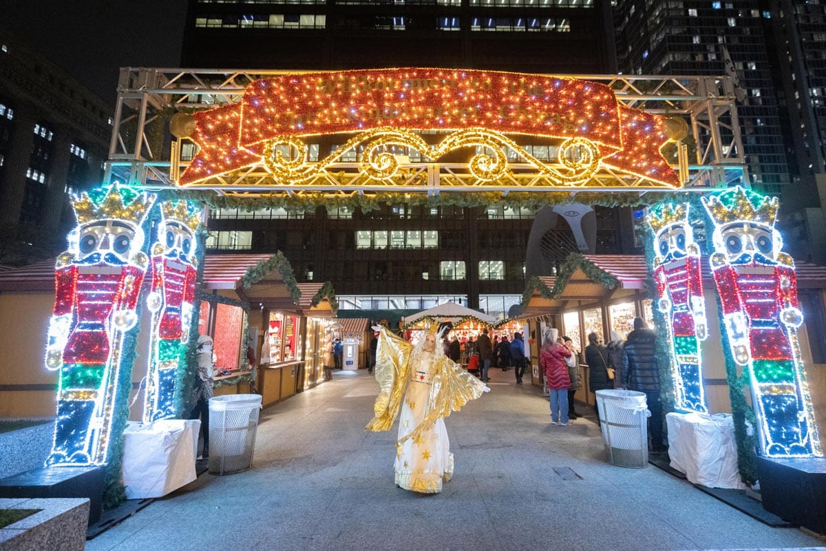 The entrance to the Christkindlmarket Chicago, with a princess welcoming everyone.