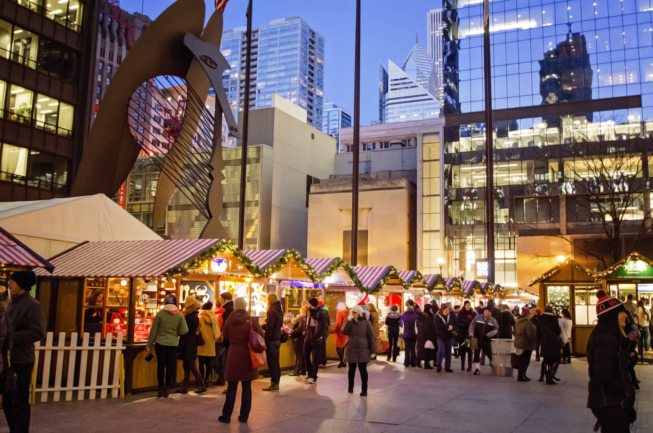A view of a row of vendors at the Christkindlmarket Chicago.