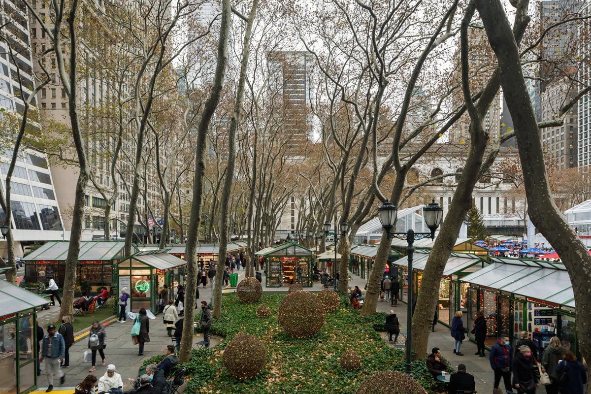 An aerial view of the vendors at Bank of America Winter Village at Bryant Park.