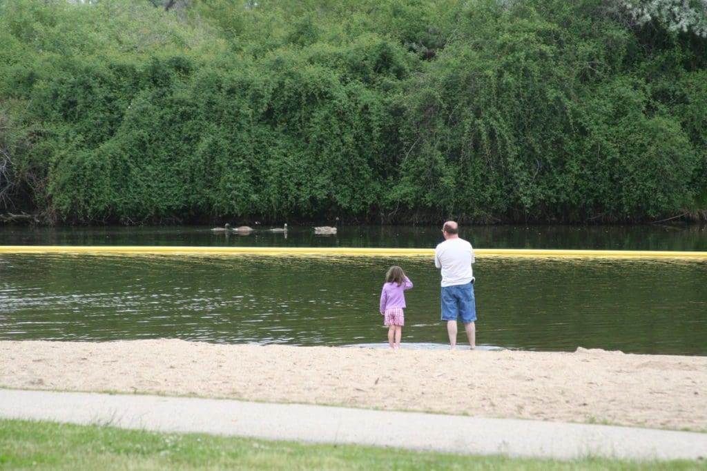 A dad and his daughter stand by the edge of a river looking at geese while exploring Eagle Island State Park.