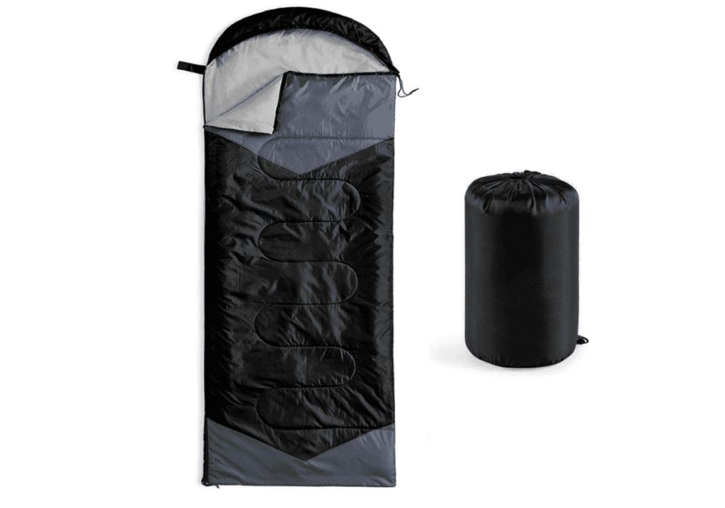 A product shot of the Oaskys sleeping bag, with the sizing of the bag rolled up.