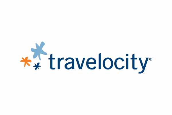 The logo for Travelocity.