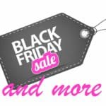 A luggage tag reading "Black Friday Sale" with "and more" written below.