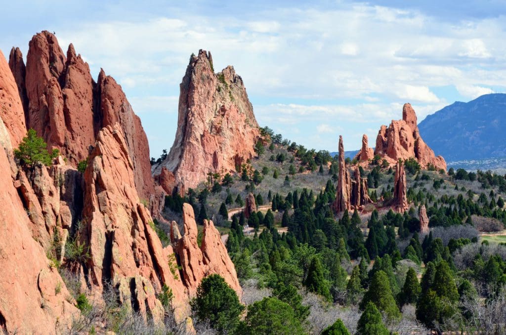 A scenic view of the Garden of the Gods near Colorado Springs in summer.
