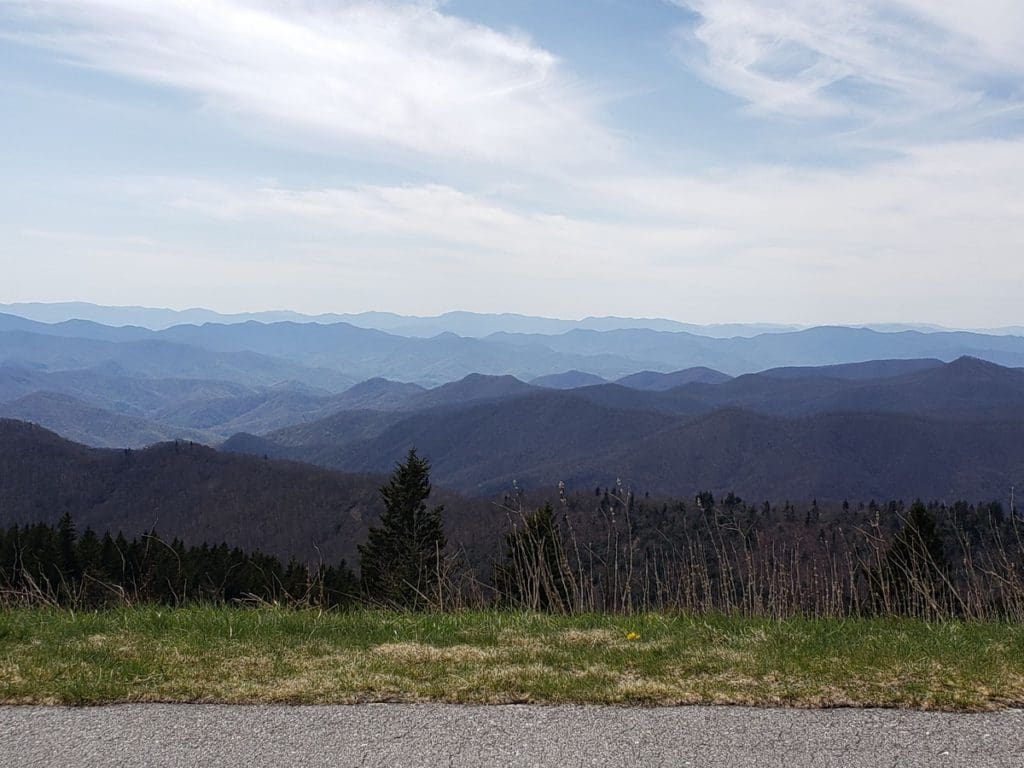 A scenic view of the Blue Ridge Mountains from the Blue Ridge Parkway.