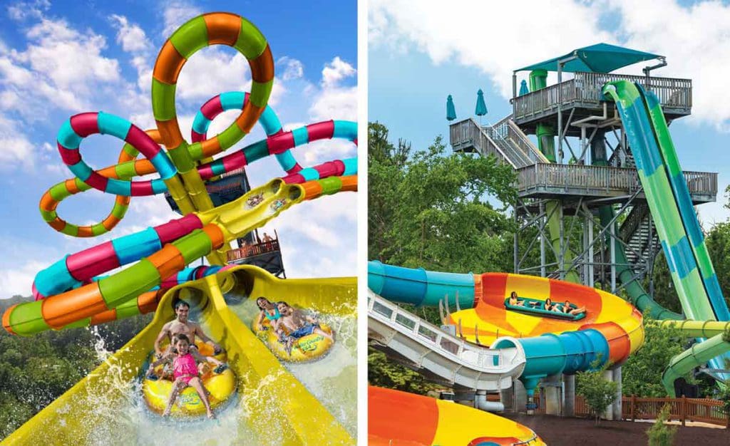 Left Image: A large, colorful waterslide at Water Country USA, with someone going down the slide. Right Image: Two of the large, colorful waterslides at Water Country USA.